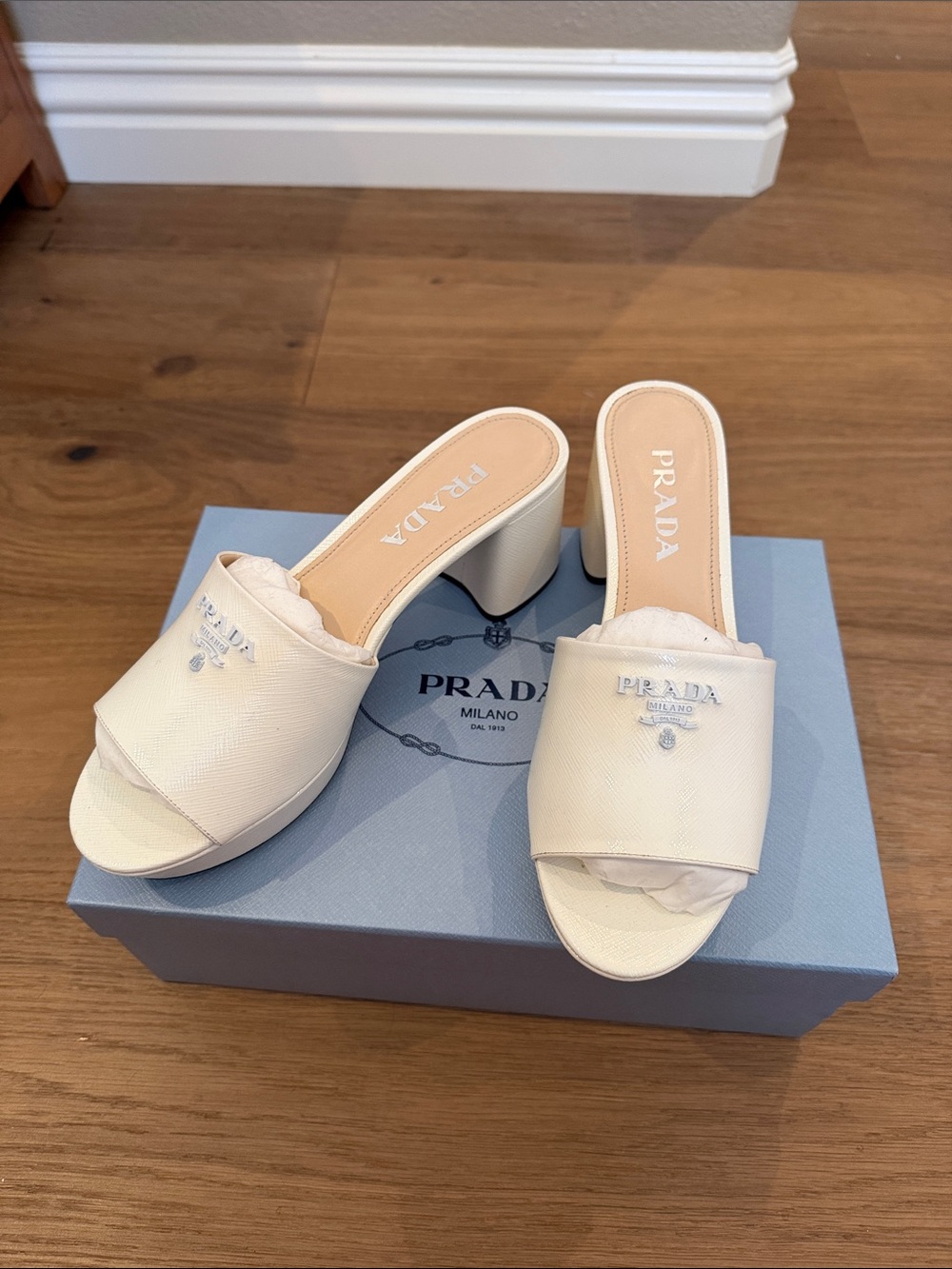 Authentic white Prada mules